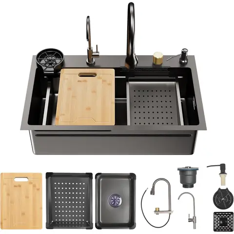DeerValley Waschbecken Küche Schwarzgrau Edelstahl Küchenspüle mit Ausziehbarem Wasserhahn und Raindance Wasserfall-Spülbecken, Großes Spülbecken (74.9 cm L x 45.7 cm) mit Becherreinigungsfunktion