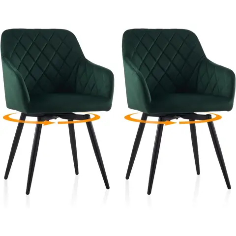 CLIPOP Dining Room Chairs 360 Swivel Seat with Arms Velvet Upholstered Kitchen Chair Set of 2 Metal Legs Armchairs for Living Room Bedroom Office 0558 velvet green 54.5*60*84 cm