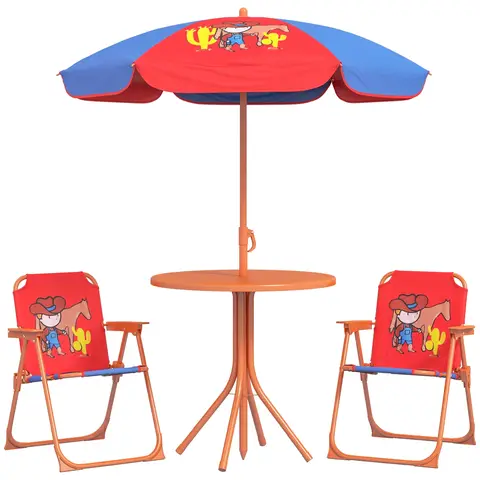 Outsunny Kids Bistro Set Children Table and Chair Set Garden Furniture Cowboy Themed 4 Pieces w/ Adjustable Parasol, Foldable Chairs for 2-5 Years – Blue and Red