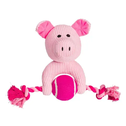 House of Paws Pink Cord Pig Dog Toy with Tennis Ball and Rope