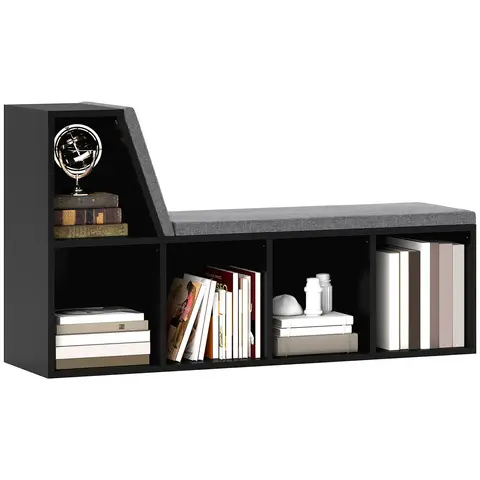 HOMCOM Bookcase Storage Shelf with Cushioned Reading Seat, Bookshelf Storage Cabinet Black