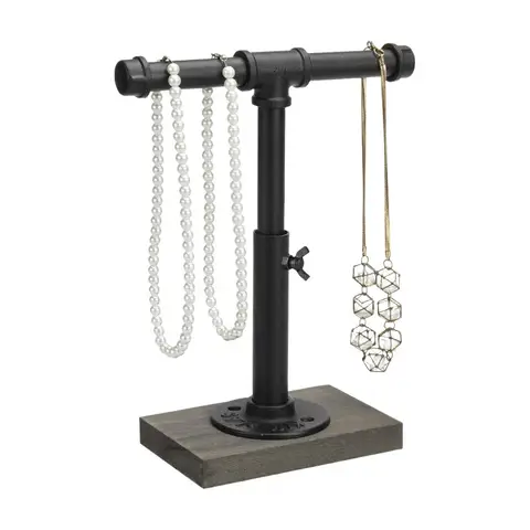 MyGift Höhenverstellbarer Industrierohr-Organizer-Ständer - Rustikaler T-Bar für Schmuck, Kopfhörer, Medaillen, Küchenutensilien & Display, Graue Holz-Basis (Schwarz/Grau, Landhausstil)