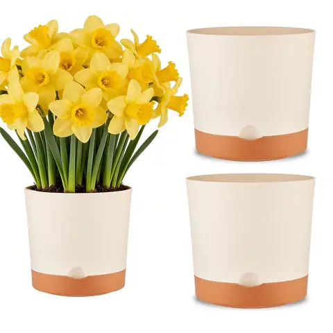 MADLANDFlower pot set: 3-piece set with a diameter of 16.5cm, self-priming beige flower pot, equipped with a tray