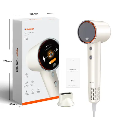 Uniorange H6 Plasma High Speed Hair Dryer (Lunar White), HD LCD Screen, 5 Smart Mode, 1600W Power & 1 Billion Plasma Ions, 110K RPM High-Speed Motor, Dries 5X Faster