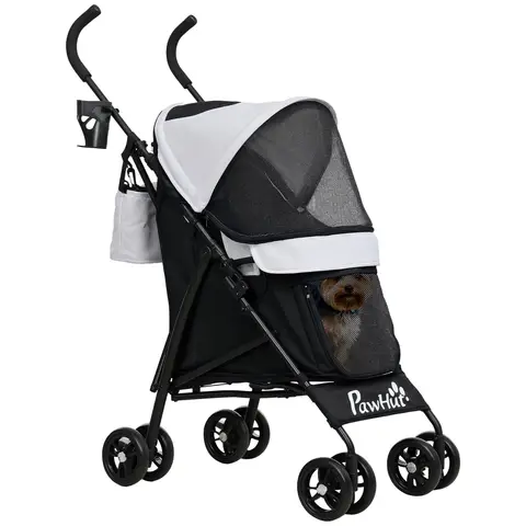 PawHut Pet stroller for Miniature Dogs, Foldable Dog Stroller with Shoulder Strap, 4 Wheels Pet Pram with Storage Bag Grey