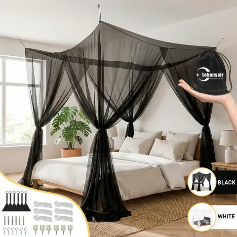 LeBonsoir Square Bed Mosquito Net, Summer Mosquito Protection, Rectangular Outdoor Travel Mosquito Net, for Camping, Home, Outdoor, Travel Use, Bed Tent/Bed Cover/Bed Curtain, with 6 Hanging Rings and 4 Openings, Black, 210L x 200W x 200H cm