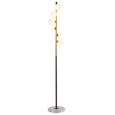 Moderner minimalistischer 6-flammiger Stehlampe mit weißem kugelförmigem Glasschirm und rundem Marmorsockel in Schwarz und Gold