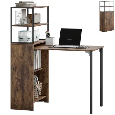 HOMCOM Folding Computer Desk with 4-Tier Bookshelf, Space-Saving Multifunctional Small Office Desk Rustic Brown