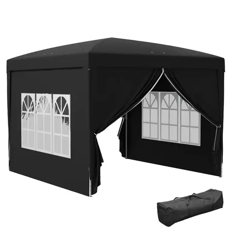 Outsunny 3 x 3 m Garden Pop Up Gazebo, Wedding Party Tent Marquee, Water Resistant Awning Canopy with Sidewalls, Windows, Carry Bag, Black