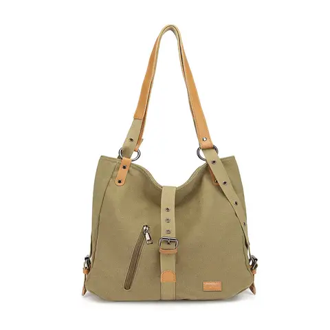 Kono Canvas Convertible Shoulder Bag, Large Capacity 2-in-1  Tote with Backpack Straps for Work, Travel and School Khaki