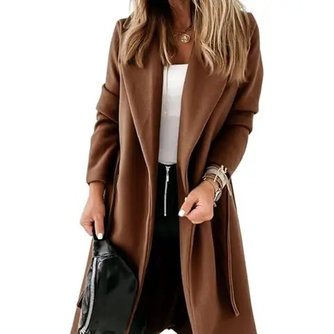 Women's Classic Coat Lapel Collar Open Front Belted Long Jacket (brown, XL)