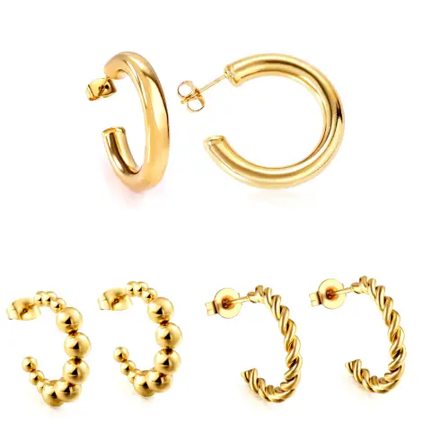 Triple Set Ball, Twist and Smooth Open Hoop 18K Gold Plated Earrings