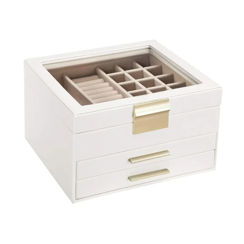SONGMICS Schmuckkästchen mit Glasdeckel, 3-lagiger Schmuckorganiser mit 2 Schubladen, Schmuckaufbewahrung, Viel Stauraum, Modern, Geschenkidee, 20,3 x 23,1 x 13,5 cm, Wolkenweiß und Gold JBC239WT