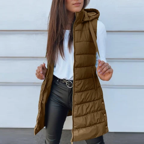 Women Long Vest Solid Color Sleeveless Hood Winter Puffer Vest Outwear (Khaki, S)