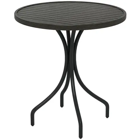 Outsunny Φ66cm Garden Side Table, Round Bistro Coffee Table, Outdoor Patio Table with Steel Frame and Slat Tabletop for Balcony and Porch, Grey Wood Grain