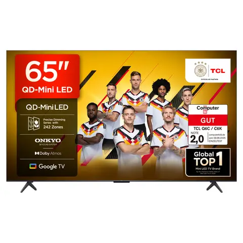 TCL 65Q6C QLED Mini-LED-Fernseher, 65 Zoll, 4K HDR Premium, Dolby Vision IQ & Atmos, Onkyo 2.1 Sound, Smart TV mit Google TV, Game Master, 144Hz Motion Clarity Pro, AMD FreeSync Premium Pro, HDMI 2.1, AirPlay 2, Google Assistent & Alexa