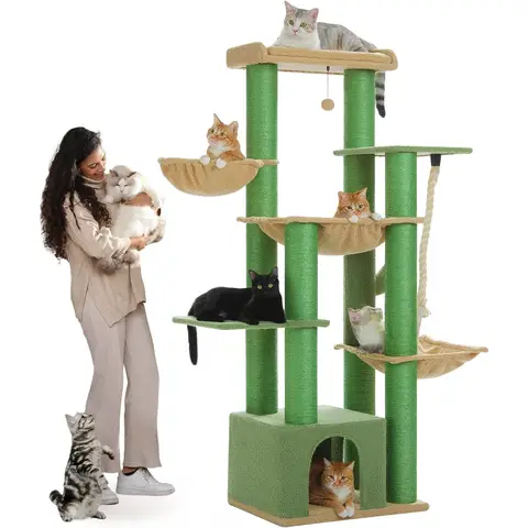 PAWZ Road Großer Katzenkratzpfahl, stabil mit mehreren Ebenen, Hängematte, 13 Sisalpfähle (Durchmesser 11 cm), großer Sitzplatz, Höhle, Körbe, Katzenkratzpfahl XXL 170 cm, Grün