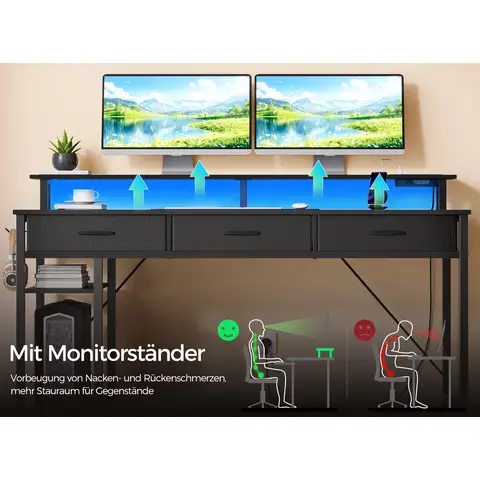 Computer Desk with USB Ports, Power Outlets, LED Strip, Drawers & File Cabinet, Reversible Corner Gaming Desk with Monitor Shelf & Storage for Home Office