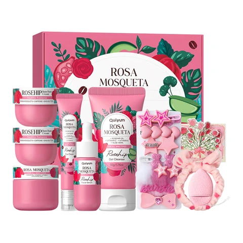 Quiyum Kit de soins à la rose musquée (9 pièces) - Nettoyant visage 50 g, Sérum 30 ml, Crème contour des yeux 20 g, Crème pour le visage 50 g, Crème anti-couches 30 g, avec pinces à cheveux, bandeau pour cheveux, éponge pour le visage