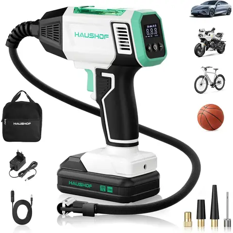 HAUSHOF Kabellose Kompressor für Autos, tragbare Luftpumpe mit 2000‑mAh‑Akku, 4 intelligente Modi + manueller Modus, digitales Display, automatische Abschaltung für Reifen, Motorrad, Fahrrad, Bälle