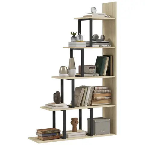 HOMCOM Industrial Bookcase 5-Tier Wooden Ladder Bookshelf Display Stand Organiser for Living Room Indoor Corner Shelf Oak