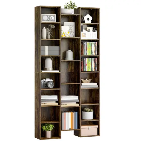 HOMCOM 21 Cube Tall Bookcase, Modern Cube Book Shelf with 10 Adjustable Shelves Rustic Brown