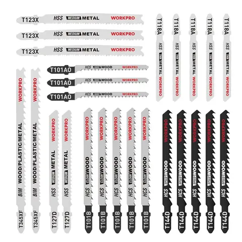 Workpro Jigsaw blades set, 25 pieces, T-shank jigsaw blades made of HCS/HSS/BIM for wood, plastic and metal, incl. plastic box