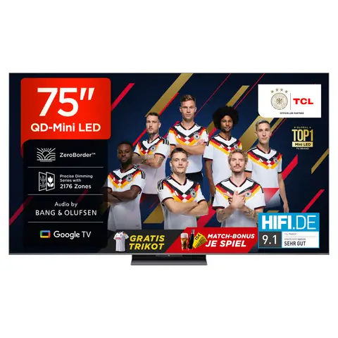 TCL 75Q8C 75 Zoll QD Mini LED, 4K HDR Premium 4500, ZeroBorder™, Smart Google TV, CrystGlow WHVA-Panel, Audio von Bang & Olufsen, 144 Hz Motion Clarity Pro, Dolby Vision IQ & Atmos