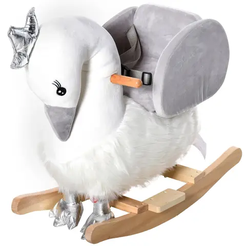 HOMCOM Kids Rocking Horse, Children Plush Ride On Swan Animal Rocker w/ Sound, Wood Base Seat, Seat Belt, Baby Toy Rocker for Toddler 18 - 36 Months, White and Grey