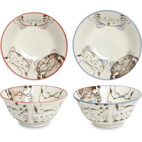 Drei Katzen Japanisches Servier-Schüssel aus Keramik, Keramik, Durchmesser 15 × Höhe 7 cm, leicht und langlebig, geeignet zum Servieren von Reis, Suppe und Snacks, 1 Stück, Design von Drei Katzen (Farbe zufällig)