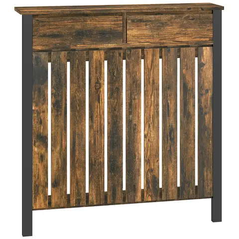 HOMCOM Radiator Cover with Drawer, Vertical Slatted Grill, Industrial MDF Wood Cabinet Shelf Heating Cover for Living Room, Bedroom, Hallway, Small, 88.5 x 19 x 93cm, Rustic Brown