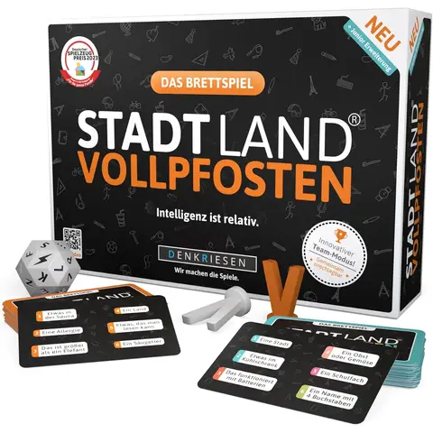 DENKRIESEN - Stadt Land Vollpfosten? Das Brettspiel | Basisspiel inklusive Junior-Erweiterung | Ab 8 Jahren | 4-12 Spieler | Partyspiel | Speed-Würfel & lange Spielrunden | Familienspiel