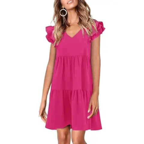 Summer Babydoll Dresses for Women 2025 Cute Ruffle Cap Sleeve V-Neck Flowy Swing Mini Dress Sundress (RoseRed, XXL)