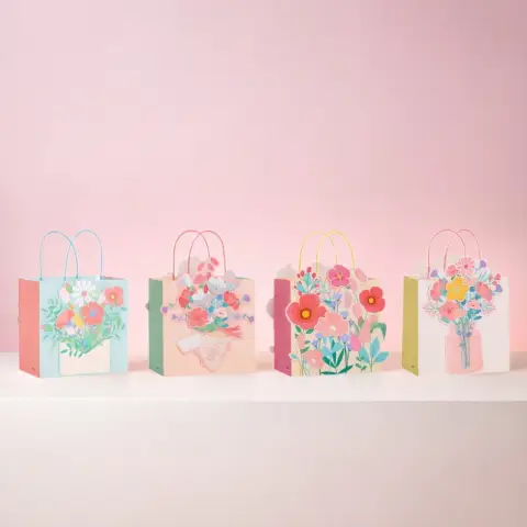 MIKIREI Medium Gift Bag with 3D Making Design - Floral, Pack of 8