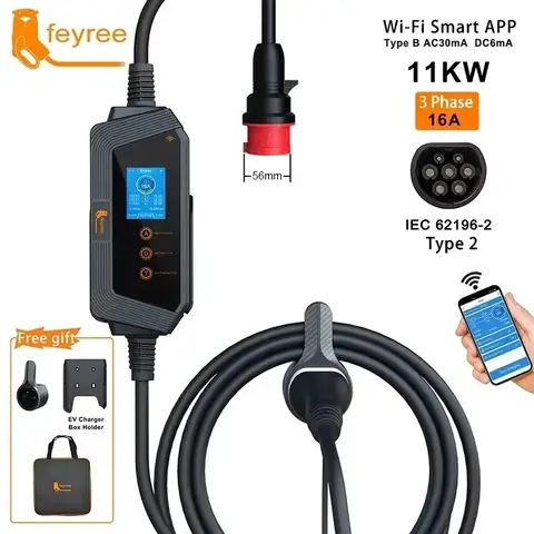 feyree Typ 2 tragbarer Kabel‑EV‑Ladegerät, 11 kW, 16 A, 3‑polig, WLAN‑App‑Steuerung, EVSE‑Ladestation, CEE‑Stecker für Elektroauto