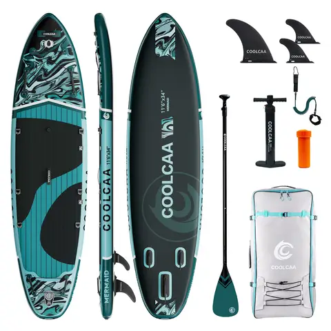 COOLCAA Mermaid Series Inflatable Stand Up Paddle Board 11'6" Set with Fiberglass Paddle (Black & Green)
