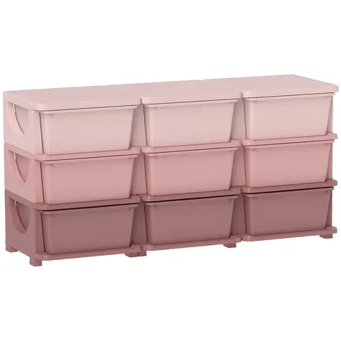 HOMCOM 9 Drawers Plastic Storage Units, 3 Tier Kids Storage Units, Children Toy Chest for Nursery, Playroom, Bedroom, Pink