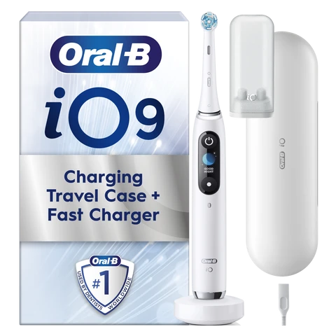 Oral-B iO9 Adult Electric Toothbrush, App Connected, 1 Toothbrush Head & Charging Travel Case, 7 Modes with Teeth Whitening, 2 Pin UK Plug, White