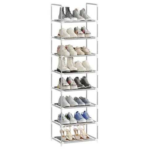 WOLTU Schuhregal – Schuh-Organizer mit 8 Ebenen und schmalem Regal für Flur/Wohnzimmer/Korridor, Metallrahmen, kompakt und mit herausnehmbaren Ablagen, 41 x 28 x 140 cm, Grau