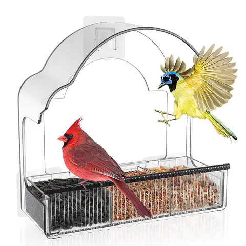 Blinkit 0162 Acrylic Bird Feeder / Window Suction Bird Feeder, Transparent Visual Design, 6 Strong Suction Cups Fixed, Widened Eaves to Prevent Rain and Spillage, Suitable for Bird Watching by the Window, Black/White/Gray