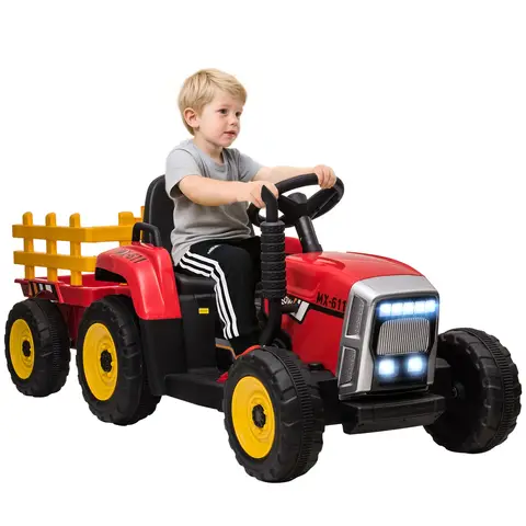 HOMCOM Kids Electric Car, 12V Electric Ride on Tractor and Trailer with Detachable Trailer Remote Control, USB, Horn, Lights,