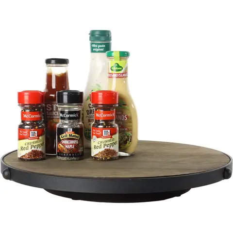 MyGift 15-Zoll Drehplatte - Retro-Pyrographie Massivholz-Display-Ständer mit schwarzem Metallfuß