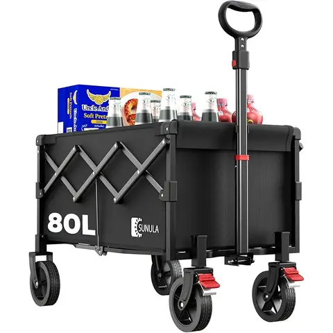 SUNULA Bollerwagen Faltbar Klein 80L 100KG, Faltbarer Bollerwagen Klappbarer Handwagen mit Halbiertem Eigengewicht, Faltbollerwagen Geländegängig mit Bremsen, Schwarz