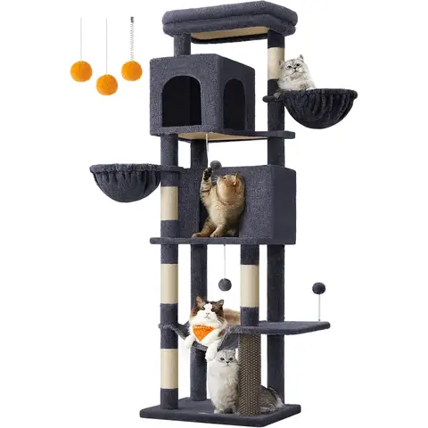 Feandrea PCT182G02 Cat Scratching Post 175 cm High XL Multi-Tier Cat Tree with 2 Caves, 2 Loungers, 5 Scratching Columns, Cat Brush, Large Platform, Dark Grey