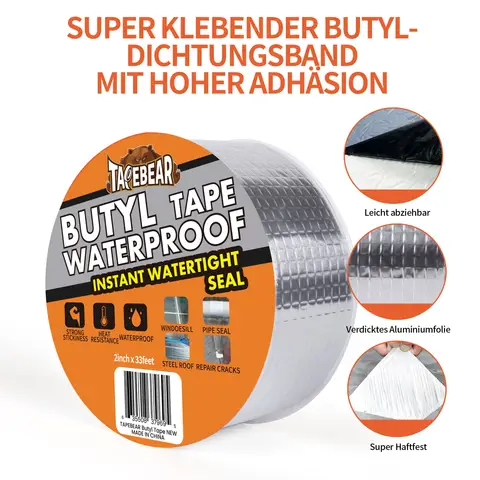TAPEBEAR Butylband wasserdichtes Dichtband 2 Zoll x 33 Fuß, Aluminiumfolien-Duct-Dichtband für die Reparatur von Wohnwagen-Dächern, Boot- und Rohrdichtung, Silikon, Glas- und EDPM-Dachleckabdichtung, silber