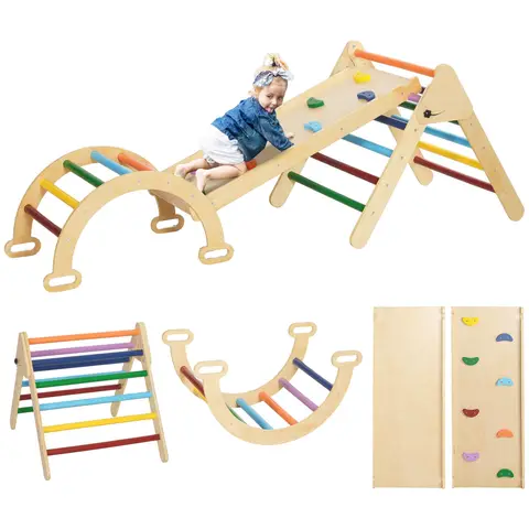 AIYAPLAY Toddler Climbing Frame, 5 In 1 Wooden Indoor Climbing Frame with Ramp, Arch, Foldable Play Triangle Set for Kids 18-48 Months, Multicoloured