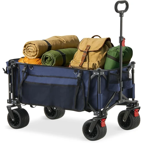 CLIPOP Festival Trolley with All-Terrain Wheels, 180L Folding Wagon with Expandable Tailgate and Adjustable Handle Large Capacity Garden Cart for Beach Camping Outdoor Blue