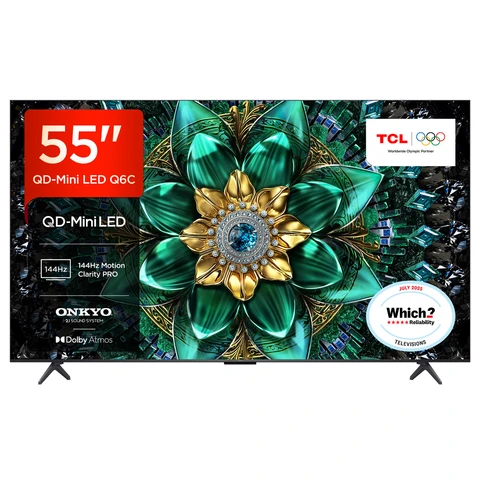 TCL 55Q6C-UK 55" QD-Mini LED TV, 4K HDR Premium 1000nits, Smart TV Powered by Google TV (Dolby Vision IQ & Atmos, Onkyo 2.1 Sound System, 144Hz Motion Clarity Pro, Game Master, 2025 New Model) [Energy Class E]