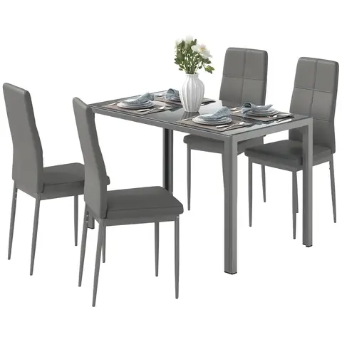 HOMCOM 5-Piece Kitchen Dining Table Set with 4 Faux Leather Metal Frame Chairs Glass Tabletop Desk for Dining Room, Kitchen, Dinette, Grey