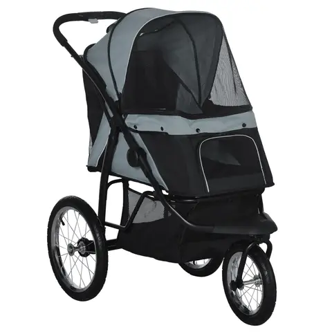 PawHut Dog Pram, Dog Stroller Jogger Foldable Pet Pushchair for Medium, Small Breeds, w/ Rubber Wheels, Washable Cushion Grey
